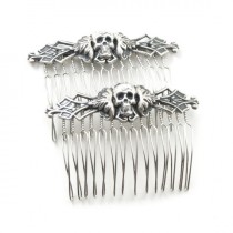 wedding photo - Necromance Hair Combs - Sexy Macabre Gothic Hair Pieces with Antiqued Sterling Silver Plated Skull Heads - by Ghostlove