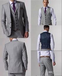 wedding photo - 100% High Quality Slim Fit Groom Tuxedos Light Grey Side Slit Groomsmen Mens Wedding Prom Suits Custom Made Jacket Pants Tie Vest AA:01 Online with $73.3/Piece on Hjklp88's Store 