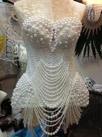 wedding photo - Beautiful White Pearl Corset Diva Showgirl Burlesque Cabaret Dance Dress