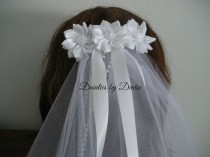 wedding photo - First Communion Veil 3 White Satin Ribbon Flowers Veil with Ribbon and Pearl Streamers New