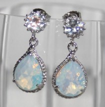 wedding photo - Statement Rhinestone & Opal glass Pear drop Earrings, Wedding Statement Jewelry, Cubic Zirconia White Opal Earrings, October Birthstone