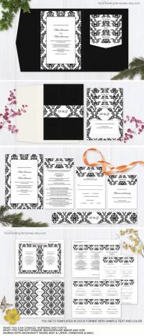 wedding photo -  Black and white damask- pocket fold wedding- invitation set templates-Printable pocketfold wedding invite templates