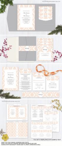 wedding photo -  Peach wedding pocketfold invitation suite templates| Diy Printable wedding pocket fold set| Instant download| Damask invite| T018