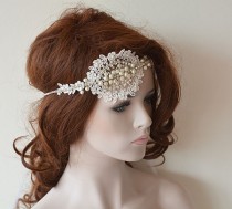 wedding photo -  Ivory Bridal Lace Headband, Rhinestone and Pearl Headpiece, Lace Bridal Headband, Bridal Hair Accessory, Wedding Hair Accessories