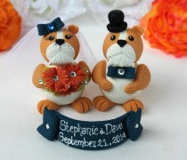 wedding photo - Bulldog wedding cake topper, navy blue wedding, customizable with banner
