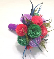 wedding photo -  Red, green and purple Mermaid themed bridal bouquet, Disney inspired wedding bouquet using handmade paper Peonies and dried flowers