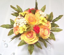 wedding photo -  Yellow paper Roses with rose colored tips and silk flowers for a lovely bouquet , Vintage themed wedding bouquets with dried flowers