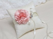 wedding photo - Wedding Ring Pillow - Light Pink Bloom on Cream lace Ring Pillow, wedding ring bearer pillow