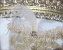 wedding photo - Feather Rhinestone Silk Garter Silk Narrow Garter Ivory, Diamond White Dupioni Silk Crystal Rhinestones bridal garter