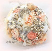 wedding photo - Brooch Bouquet,  Bridal Bouquet, Fabric Bouquet in Coral, Peach, Ivory, Tan, Beige and Champagne with Burlap and Lace