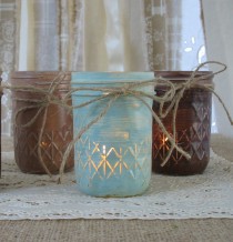 wedding photo - Mason Jars, Votive Candle Holders, Mason Jar Candles, Painted Mason Jars, Rustic Wedding Centerpieces, Mint & Brown Mason Jars