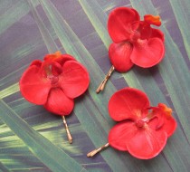 wedding photo - Hawaiian Red Coral Orchids  SET OF 3 bobby pins flowers-hair clips - Weddings -