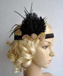 wedding photo - Gold and Black The Great Gatsby,20's flapper Headpiece, Bridal 1920s Headpiece ,1930's, Rhinestone headband, Rhinestone flapper headpiece