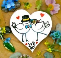 wedding photo - Bride & Groom Love Birds Wedding Ring Bowl - WE DO - HandMade Painted Kissing LoveBirds, Hearts Jewelry Dish - Wedding Ring Bearer Pillow