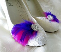 wedding photo - Bridal Bridesmaid Feathered Feather Shoe Clips Rhinestone Accents Purple Magenta Fuschia  Set of 2