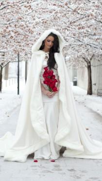 wedding photo - Princess Bridal Cape 96 Inch Ivory / Ivory Satin With Fur Trim Wedding Cloak Handmade In USA