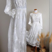 wedding photo - Rustic Chic Wedding Dress Peasant Long Sleeve Gown Coachella Inspired Seventies Ethnic Hippie Unique dress Made to order