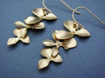 wedding photo - Gold Triple Orchids Cascade Dangle Earrings- elegant bridal jewelry, bridesmaids gifts.