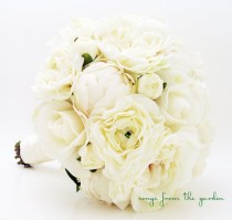 wedding photo - Peonies & Lace Bridal Bouquet Groom's Boutonniere Garden Rose Silk Ranunculus Real Touch White Rose White Silk Bud Peonies