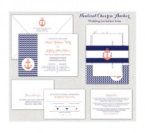 wedding photo - Coral & Navy Blue Nautical Chevron Anchor Wedding Invitation Suite