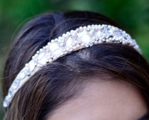 wedding photo - Gorgeous Beaded Wedding Headband with Crystals White Beige Adjustable Bride Bridal Gatsby 1920s style HairBand Valentines Coachella