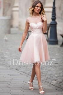 wedding photo -  Cap Sleeved Illusion Neck Knee Length Pink Tulle Prom Dress