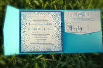 wedding photo - Letterpress Wedding Invitations  Deposit Navy and Aqua Dots