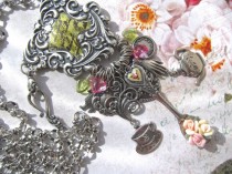 wedding photo - Fine Silver Plated Charm Enhancer Necklace with Decoupage and Vintage Porcelain Flowers & Guilloche Heart