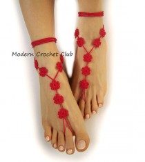 wedding photo -  RED FLOWER Barefoot Sandals, Valentine's Day gift, beach wedding, bride and bridesmaide, nude shoes, lace sandles, pool party, crochet lace