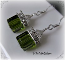 wedding photo - Bridesmaid earrings, Olivine Swarovski crystal cube earrings, Wedding jewelry, Birthstone, Handmade jewelry, Olive green wedding