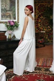 wedding photo - White Silk Pajamas Lounge Sleepwear Bridal Honeymoon Lingerie Wide Leg Cruise Wear