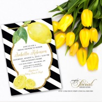 wedding photo - Fresh Lemon with Black and White Stripes and Gold Glitter Bridal Shower Invitation Printable Fresh Squeezed Lemonade Main Squeeze