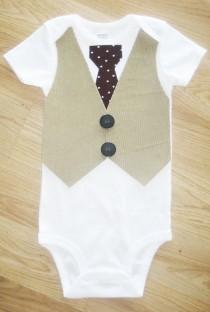 wedding photo - Baby boy 1st birthday outfit Bow tie with vest bodysuit Infant bow Tan Corduroy Vest with polka dot Tie  Baby Bowtie Baby Ring bearer tuxedo