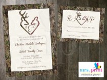wedding photo - Camo Deer Hearts Wedding Invitation and RSVP Card