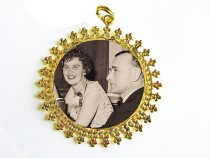 wedding photo - Gold Memorial Bouquet Photo Charm #31, CUSTOM Round Shiny Gold Wedding Memory Pendant Keepsake