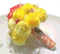 wedding photo -  Red and yellow bouquet, Disney's Beauty and the Beast inspired bouquet, Rose and Peonies using coffee filter paper, lace and dried flowers