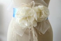 wedding photo - Ivory Flower  Belt Bridal Wedding Sash with Feathers Bridal Belts sashes
