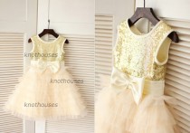 wedding photo - Gold Sequin//Champagne Tulle Big Bow Cupcake Flower Girl Dress Children Toddler Party Dress for Wedding Junior Bridesmaid Dress