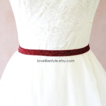 wedding photo - Skinny Wine Gltter Elastic Lace Belt, Bridal Wine Belt , Bridesmaid Wine Belt,  Sash Belt, Burgundy Belt