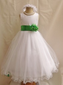 wedding photo - Flower Girl Dresses - WHITE with Green Kelly (FD0FL) - Wedding Easter Junior Bridesmaid - For Children Toddler Kids Teen Girls