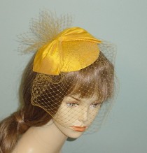 wedding photo - Cocktail Hat Yellow Silk Dupioni with Birdcage Veil and Pouf Vintage Style Many Other Colors Made to Order