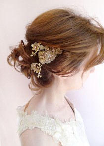 wedding photo - lace hair clip, bronze gold hair jewelry, formal hair accessories, Swarovski bridal jewelry, bronze wedding, mauve, floral hair clip, pearls