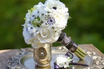 wedding photo - Black and White  Anenome with brooch Silk Wedding Bouquet and FREE Boutonniere