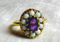 wedding photo - Opal Ring Amethyst Ring, Antique Opal Amethyst Ring 14K, Alternative Engagement Ring October February Birthday