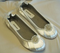 wedding photo - Wedding WHITE Flats Satin Shoes adornment pearls silver beads crystals