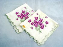 wedding photo - Violet Bouquet Embroidered Pair of Swiss Handkerchiefs