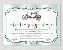 wedding photo - PRINTABLE Oh Happy Day - Rehearsal Dinner Invitation. Tandem Bike, stripes. Blue.