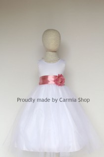 wedding photo - Flower Girl Dresses - WHITE with Watermelon Rosewood Dusty (FRBP) - Easter Wedding Communion Bridesmaid - Toddler Baby Infant Girl Dresses