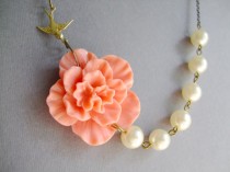 wedding photo - Bridesmaid Jewelry Set,Coral Flower Necklace,Ivory Pearl Jewelry,Statement Necklace,Wedding Jewelry,Beadwork,Gift (Free matching earrings)