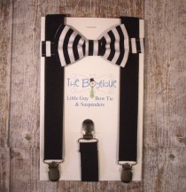 wedding photo - Black and White Bow Tie and Black Suspenders, Toddler Suspenders, Baby Suspenders, Ring Bearer, Stripes,
